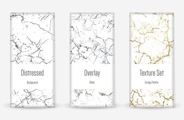 Kederli Grunge dokusu seti. Kusursuz desen. Çizilmiş, Dirt Print. Yarım tonluk Retro Arkaplan. Kırık, çatlak duvar dokusu. Altın, Siyah, Beyaz Grunge tarzı. Gürültü Kaba Tasarım. Vektör İllüstrasyonu.