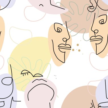 Yüz çizgisi deseni. Soyut çizim kusursuz desen. Vektör Modern Minimum Sanat. Grafikler arka planda. Sürekli bir çizgi çiziyor. Doğrusal tasarım kadın ve erkek yüzleri. Güzel modern baskı..