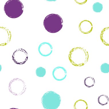 Polka Nokta. Doku Vektörü Kusursuz Desen. Çok renkli dekor. Suluboya Şekli Kaotik Şekillerle Soyut Beyaz Arkaplan. Modern Sanatsal Yüzey. Tebeşir Fırçası Yuvarlakları, Konfeti