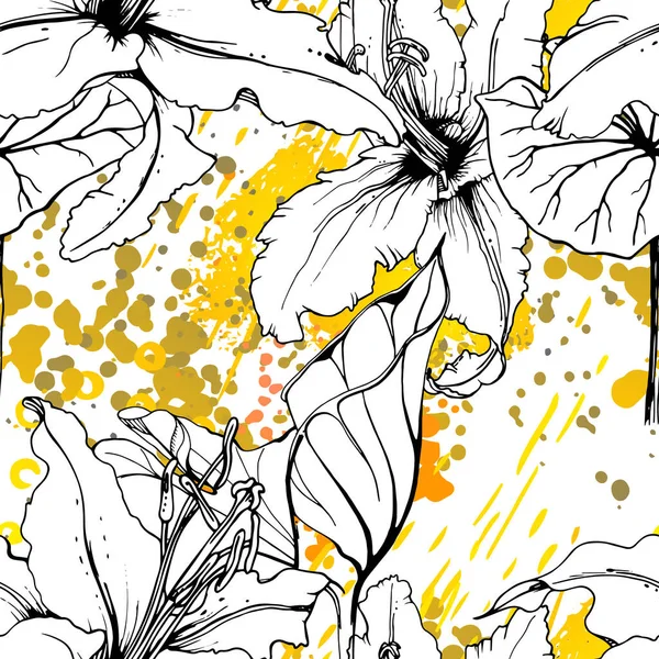Çiçekli Siyah ve Beyaz Kusursuz Şablon. Modern Sanatsal Suluboya Baskısı. Moda Dış Hatları Çiçek Yüzeyi. Mürekkep lekeleri dokusunda Botanik Vektör Motifi. Soyut Yaprak Çizimi. Trend Tropik Arkaplanı.