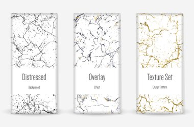 Kederli Grunge dokusu seti. Kusursuz desen. Çizilmiş, Dirt Print. Yarım tonluk Retro Arkaplan. Kırık, çatlak duvar dokusu. Altın, Siyah, Beyaz Grunge tarzı. Gürültü Kaba Tasarım. Vektör İllüstrasyonu.