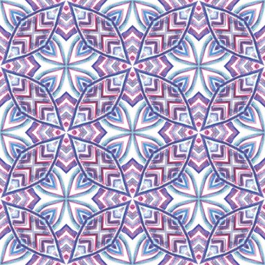 Geleneksel Grafik El Boyalı. Talavera, Tunus, Türk, Arap Kusursuz Şablon. Suluboya yüzeyi. Klasik Etnik Halı. Mor, pembe desenli. Geometri Sanatı.