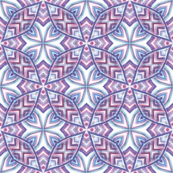 Geleneksel Grafik El Boyalı. Talavera, Tunus, Türk, Arap Kusursuz Şablon. Suluboya yüzeyi. Klasik Etnik Halı. Mor, pembe desenli. Geometri Sanatı.