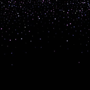 Mor parıltılı elementler, parlak yıldızlı konfeti. Dağınık, ışıldayan, yanıp sönen ultra mor, siyah arka plana düşen rastgele minik yıldız. Yeni yıl, Noel geçmişi. Vektör illüstrasyonu.