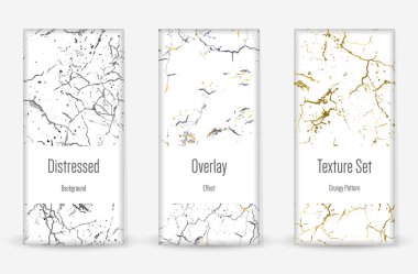 Kederli Grunge dokusu seti. Kusursuz desen. Çizilmiş, Dirt Print. Yarım tonluk Retro Arkaplan. Kırık, çatlak duvar dokusu. Altın, Siyah, Beyaz Grunge tarzı. Gürültü Kaba Tasarım. Vektör İllüstrasyonu.