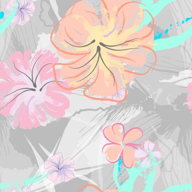 Pembe Çiçekler Çiçek Şablonu. Pastel Suluboya Çiçek Yazısı. Küçük pembe, sarı, gri yapraklı leylak çiçeği. Zarif fırça arka planı. Kusursuz Botanik Vektör Yüzeyi. Moda Yazıcıları İçin Desen.