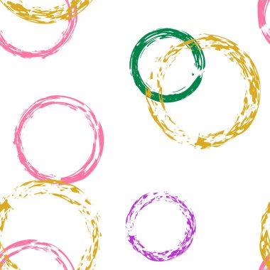 Siyah Fırça Çemberi. Vektör Kusursuz Desen. Çok renkli Noktalı Desen. Suluboya Şekli Kaotik Şekillerle Soyut Beyaz Arkaplan. Basit Sanatsal Yüzey. Tebeşir Fırçası Yuvarlakları, Konfeti