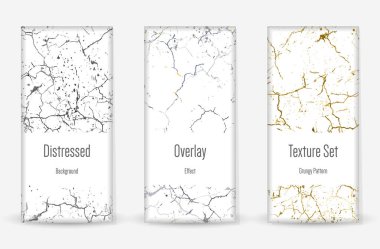 Kederli Grunge dokusu seti. Kusursuz desen. Çizilmiş, Dirt Print. Yarım tonluk Retro Arkaplan. Kırık, çatlak duvar dokusu. Altın, Siyah, Beyaz Grunge tarzı. Gürültü Kaba Tasarım. Vektör İllüstrasyonu.