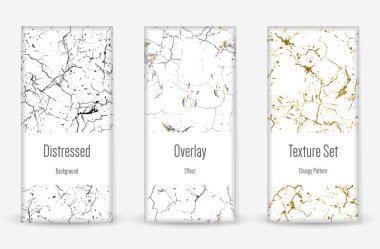 Kederli Grunge dokusu seti. Kusursuz desen. Çizilmiş, Dirt Print. Yarım tonluk Retro Arkaplan. Kırık, çatlak duvar dokusu. Altın, Siyah, Beyaz Grunge tarzı. Gürültü Kaba Tasarım. Vektör İllüstrasyonu.