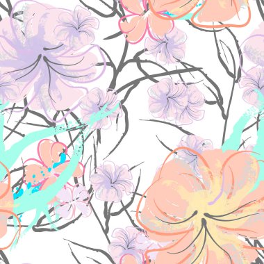 Pembe Çiçekler Çiçek Şablonu. Pastel Suluboya Çiçek Yazısı. Küçük pembe, sarı, gri yapraklı leylak çiçeği. Zarif fırça arka planı. Kusursuz Botanik Vektör Yüzeyi. Moda Yazıcıları İçin Desen.