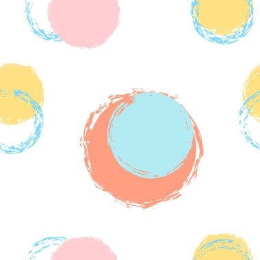 Renkli Polka Noktaları. Pastel Vektör Kusursuz Desen. Çok renkli süs. Suluboya Şekli Kaotik Şekillerle Soyut Beyaz Arkaplan. Trend Vintage Tekstil. Tebeşir Fırçası Yuvarlakları, Konfeti