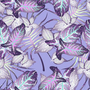 Tropik Yaprak Modern Motif. Orman baskısı. Yeşillik Yazı Kusursuz Düzen. Yeşillik Vektörü Arkaplanı. Sanatsal Botanik Yüzeyi. Moda için soyut bitki dokusu. Yumuşak Pastel Fırça Çizimi.