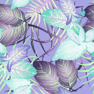 Tropik Yaprak Modern Motif. Orman baskısı. Yeşillik Yazı Kusursuz Düzen. Yeşillik Vektörü Arkaplanı. Sanatsal Botanik Yüzeyi. Moda için soyut bitki dokusu. Yumuşak Pastel Fırça Çizimi.