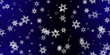 Düşen kar taneleri pürüzsüz desen. Uçan kar, don ve kar ile ilgili bir resim. Mavi gece geçmişinde noel kutlaması için kusursuz bir baskı. Yeni Yıl için Tatil Vektörü illüstrasyonu