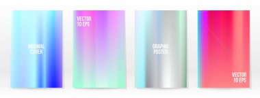 Holografik Poster seti. Iridescent Teknoloji Kapağı. Mobil Grafik Şablonu. Vektör Posteri. Gradyan örgü. Fütürist Sanal Şablon Tasarımı. Modern Soyut Arkaplan 90 'lar, 80' ler Retro Biçimi.