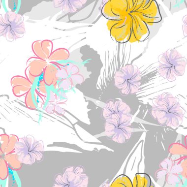 Pembe Çiçekler Çiçek Şablonu. Pastel Suluboya Çiçek Yazısı. Küçük pembe, sarı, gri yapraklı leylak çiçeği. Zarif fırça arka planı. Kusursuz Botanik Vektör Yüzeyi. Moda Yazıcıları İçin Desen.