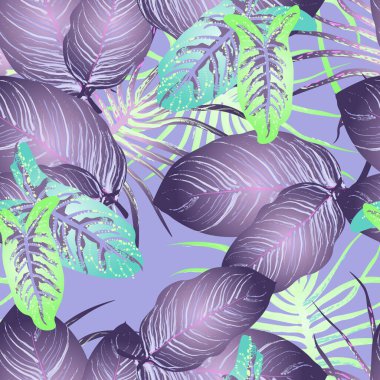 Tropik Yaprak Modern Motif. Orman baskısı. Yeşillik Yazı Kusursuz Düzen. Yeşillik Vektörü Arkaplanı. Sanatsal Botanik Yüzeyi. Moda için soyut bitki dokusu. Yumuşak Pastel Fırça Çizimi.