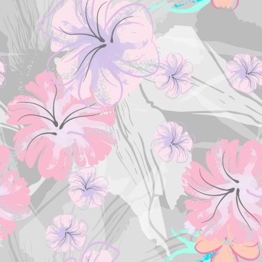 Pembe Çiçekler Çiçek Şablonu. Pastel Suluboya Çiçek Yazısı. Küçük pembe, sarı, gri yapraklı leylak çiçeği. Zarif fırça arka planı. Kusursuz Botanik Vektör Yüzeyi. Moda Yazıcıları İçin Desen.