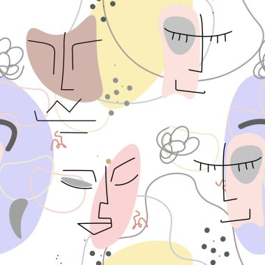 Yüz çizgisi deseni. Soyut çizim kusursuz desen. Vektör Modern Minimum Sanat. Grafikler arka planda. Sürekli bir çizgi çiziyor. Doğrusal tasarım kadın ve erkek yüzleri. Güzel modern baskı..