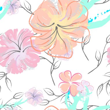 Pembe Çiçekler Çiçek Şablonu. Pastel Suluboya Çiçek Yazısı. Küçük pembe, sarı, gri yapraklı leylak çiçeği. Zarif fırça arka planı. Kusursuz Botanik Vektör Yüzeyi. Moda Yazıcıları İçin Desen.