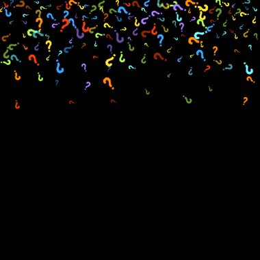 Soru işaretleri siyah arkaplana dağılmış. Sınav, şüphe, anket, araştırma, faq, sorgulama, sorgulama geçmişi. Kamuoyu yoklaması için çok renkli bir şablon. Gökkuşağı rengi. Vektör illüstrasyonu.