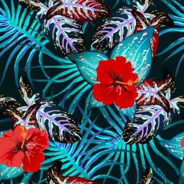 Tropik Yaprak. Modern Motif. Orman baskısı. Yeşillik Yazı Kusursuz Düzen. Yeşillik Vektörü Arkaplanı. Sanatsal Botanik Yüzey. Moda için soyut bitki dokusu. Karşıtlık Fırçası Çizimi.