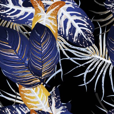 Tropik Yaprak. Modern Motif. Orman baskısı. Yeşillik Yazı Kusursuz Düzen. Yeşillik Vektörü Arkaplanı. Sanatsal Botanik Yüzey. Moda için soyut bitki dokusu. Koyu Fırça Çizimi.