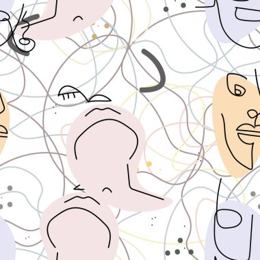 Kadın yüzü hattı. Soyut çizim kusursuz desen. Vektör Modern Minimum Sanat. Grafikler arka planda. Sürekli bir çizgi çiziyor. Doğrusal tasarım kadın ve erkek yüzleri. Güzel modern baskı..