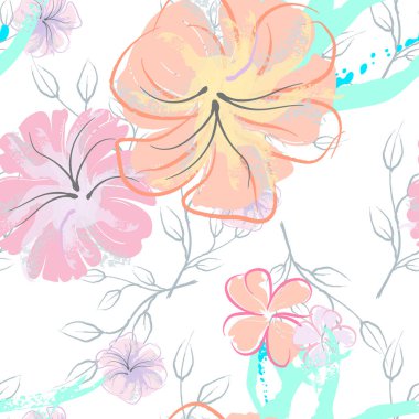 Pembe Çiçekler Çiçek Şablonu. Pastel Suluboya Çiçek Yazısı. Küçük pembe, sarı, gri yapraklı leylak çiçeği. Zarif fırça arka planı. Kusursuz Botanik Vektör Yüzeyi. Moda Yazıcıları İçin Desen.