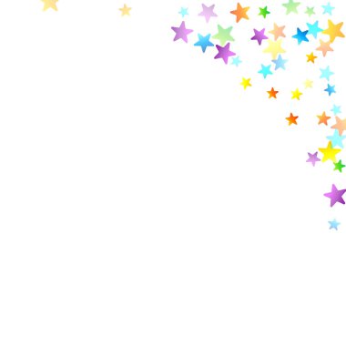 Gökkuşağı Festivali Konfeti. Karnaval Şablonu. Renkli Yıldız Düşüşü. Güzel Tatil Partisi. Beyaz Arkaplanda Küçük Çok Renkli Sprockets. Parlak Vektör İllüstrasyonu.