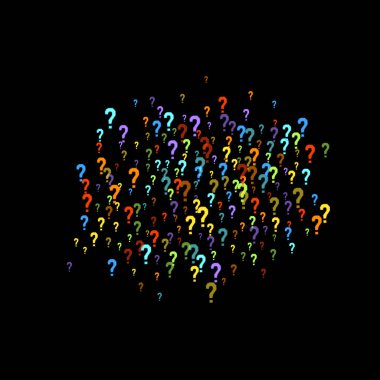 Soru işaretleri siyah arkaplana dağılmış. Sınav, şüphe, anket, araştırma, faq, sorgulama, sorgulama geçmişi. Kamuoyu yoklaması için çok renkli bir şablon. Gökkuşağı rengi. Vektör illüstrasyonu.