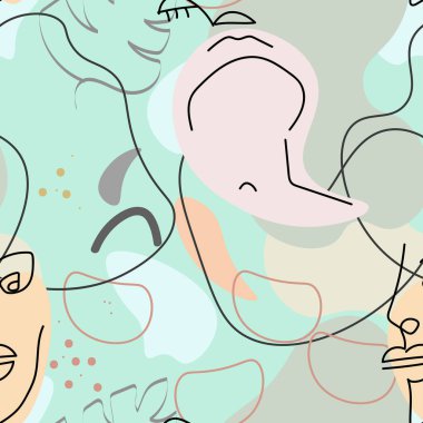 Bir çizgi. Soyut, pürüzsüz bir şekil. Vektör Modern Minimum Sanat. Grafikler arka planda. Devamlı çizgi çizimi. Doğrusal tasarım kadın ve erkek yüzleri. Güzel modern baskı..