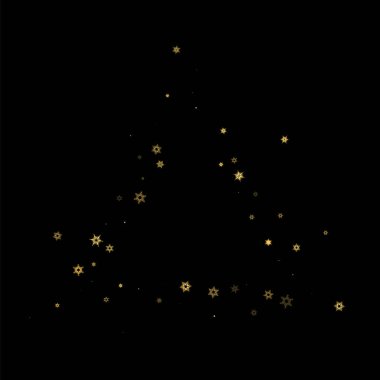 Düşen kar, altın deseni bozar. Uçan altın kar, don ve kar yağışlı bir resim. Kara geceyle ilgili Noel kutlaması için kış baskısı. Yeni Yıl için Tatil Vektörü illüstrasyonu.