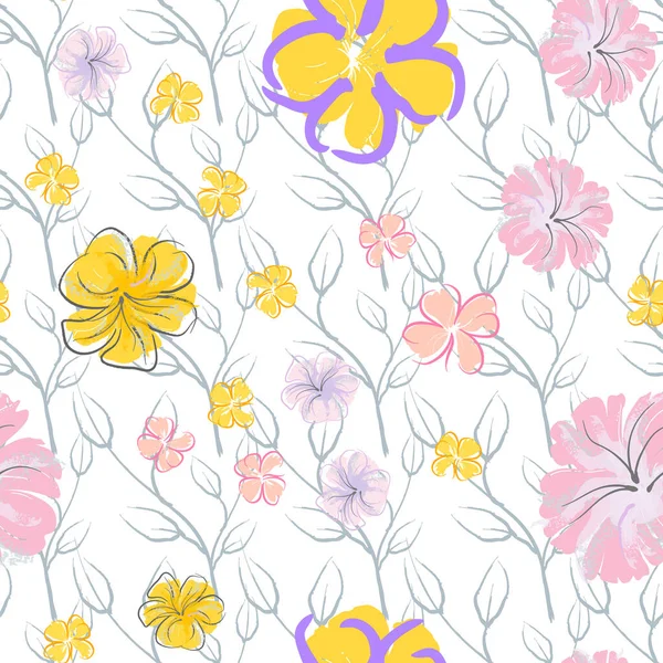 Roze Bloemen Bloeiende Patroon Pastel Aquarel Bloemenprint Little Pink Yellow — Stockvector