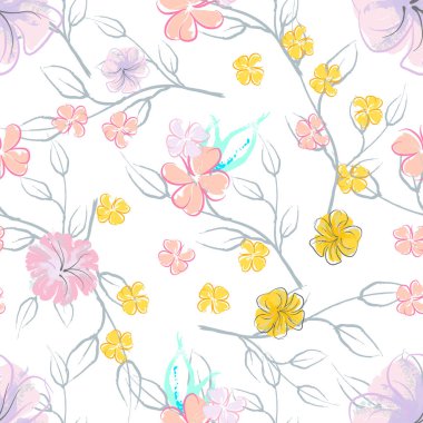 Pembe Çiçekler Çiçek Şablonu. Pastel Suluboya Çiçek Yazısı. Küçük pembe, sarı, gri yapraklı leylak çiçeği. Zarif fırça arka planı. Kusursuz Botanik Vektör Yüzeyi. Moda Yazıcıları İçin Desen.