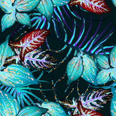 Tropik Yaprak. Modern Motif. Orman baskısı. Yeşillik Yazı Kusursuz Düzen. Yeşillik Vektörü Arkaplanı. Sanatsal Botanik Yüzey. Moda için soyut bitki dokusu. Karşıtlık Fırçası Çizimi.