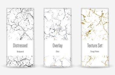 Kederli Grunge dokusu seti. Kusursuz desen. Çizilmiş, Dirt Print. Yarım tonluk Retro Arkaplan. Kırık, çatlak duvar dokusu. Altın, Siyah, Beyaz Grunge tarzı. Gürültü Kaba Tasarım. Vektör İllüstrasyonu.