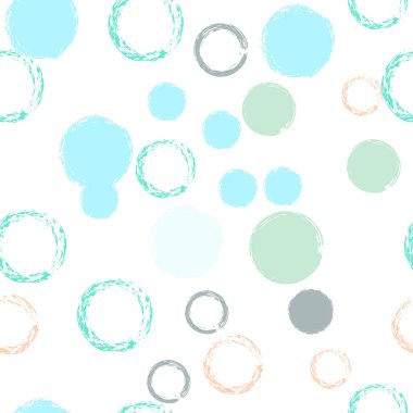 Renkli Polka Noktaları. Pastel Vektör Kusursuz Desen. Renkli dekor. Suluboya Şekli Kaotik Şekillerle Soyut Beyaz Arkaplan. Trend Retro Tekstil. Tebeşir Fırçası Yuvarlakları, Konfeti