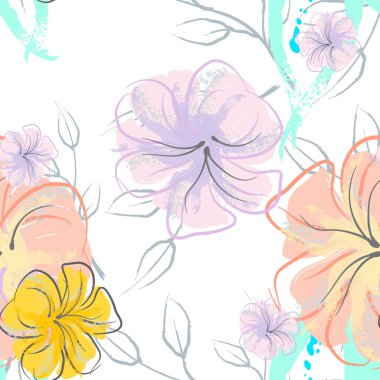 Pembe Çiçekler Çiçek Şablonu. Pastel Suluboya Çiçek Yazısı. Küçük pembe, sarı, gri yapraklı leylak çiçeği. Zarif fırça arka planı. Kusursuz Botanik Vektör Yüzeyi. Moda Yazıcıları İçin Desen.