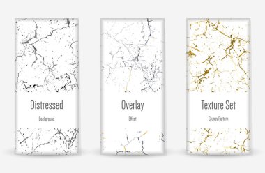 Kederli Grunge dokusu seti. Kusursuz desen. Çizilmiş, Dirt Print. Yarım tonluk Retro Arkaplan. Kırık, çatlak duvar dokusu. Altın, Siyah, Beyaz Grunge tarzı. Gürültü Kaba Tasarım. Vektör İllüstrasyonu.