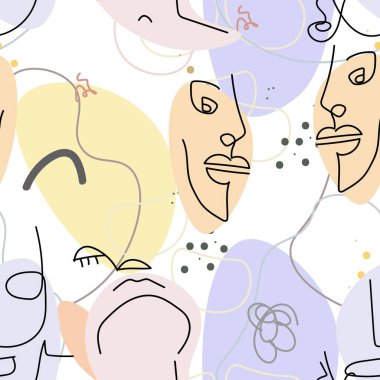 Yüz çizgisi deseni. Soyut çizim kusursuz desen. Vektör Modern Minimum Sanat. Grafikler arka planda. Sürekli bir çizgi çiziyor. Doğrusal tasarım kadın ve erkek yüzleri. Güzel modern baskı..