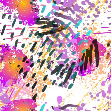 Pürüzsüz desen. Moda Konsepti. İmdat baskısı. Renk, Parlak Çizim. Kirli Yüzey Tekstili. Mürekkep lekeleri. Sprey boya. Splash Blots. Sanatsal Yaratıcı Vektör Arkaplanı.