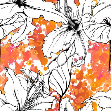 Çiçekli Siyah ve Beyaz Kusursuz Şablon. Modern Sanatsal Suluboya Baskısı. Moda Dış Hatları Çiçek Yüzeyi. Mürekkep lekeleri dokusunda Botanik Vektör Motifi. Soyut Yaprak Çizimi. Trend Tropik Arkaplanı.