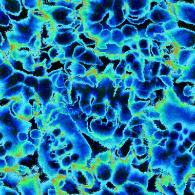 Gerçeküstü, psikedelik ıslak boya izi. Suluboya karışık akış noktaları, noktalar, yırtık kenarlar. Tekstil, yüzey, moda, mayo ve modern tasarım için bitmeyen tekrarlanan soyut arkaplan.