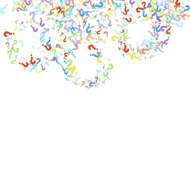 Beyaz arka plana dağılmış soru işaretleri. Sınav, şüphe, anket, araştırma, faq, sorgulama, sorgulama geçmişi. Kamuoyu yoklaması için çok renkli bir şablon. Gökkuşağı rengi. Vektör illüstrasyonu.