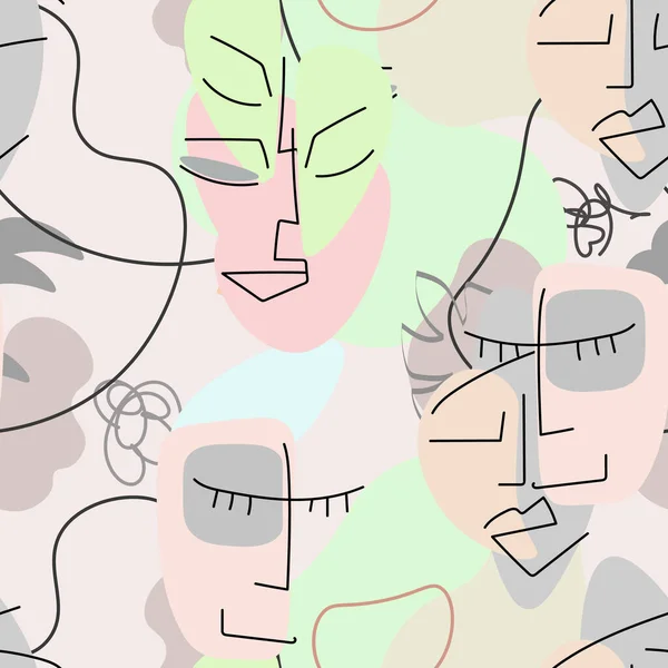 Eine Linienzeichnung Abstraktes Gesicht Nahtlose Muster Vector Moderne Minimal Art — Stockvektor