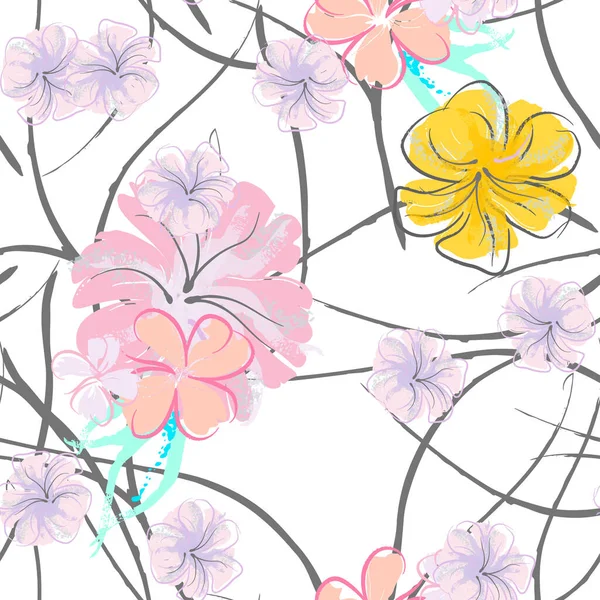 ピンクの花を咲かせる模様 パステルカラーの花のプリント 小さなピンク ライラックの花を灰色の葉に咲かせます エレガントなブラシの背景 シームレスな植物ベクトル表面 ファッションプリントのためのテクスチャ — ストックベクタ