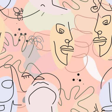 Bir çizgi. Soyut, pürüzsüz bir şekil. Vektör Modern Minimum Sanat. Grafikler arka planda. Devamlı çizgi çizimi. Doğrusal tasarım kadın ve erkek yüzleri. Güzel modern baskı..