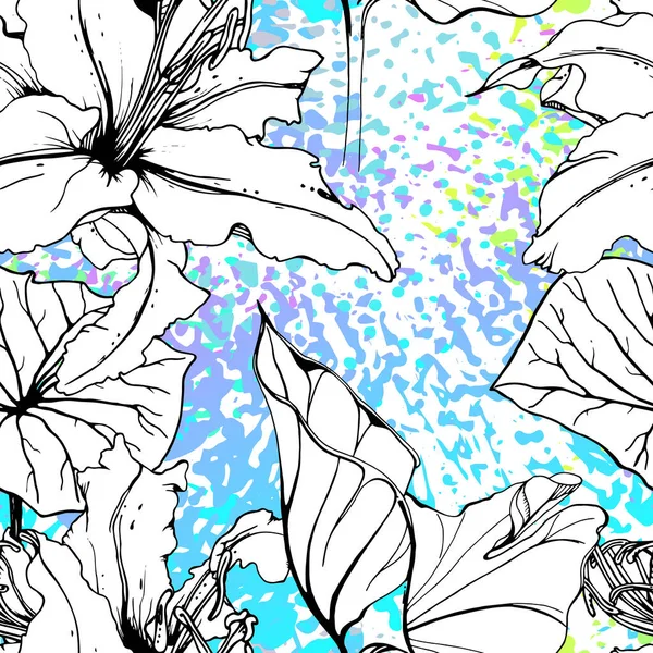 艺术的植物无缝图案 花形表面轮廓 植物病媒的动机 时尚水彩面料的盛开 画摘要叶子 热带背景 黑色和白色印刷品 — 图库矢量图片