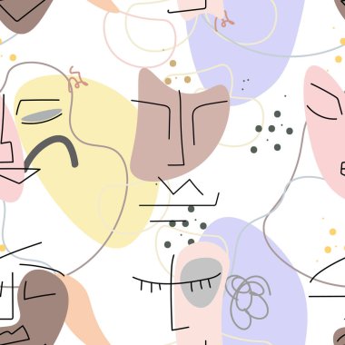 Yüz çizgisi deseni. Soyut çizim kusursuz desen. Vektör Modern Minimum Sanat. Grafikler arka planda. Sürekli bir çizgi çiziyor. Doğrusal tasarım kadın ve erkek yüzleri. Güzel modern baskı..